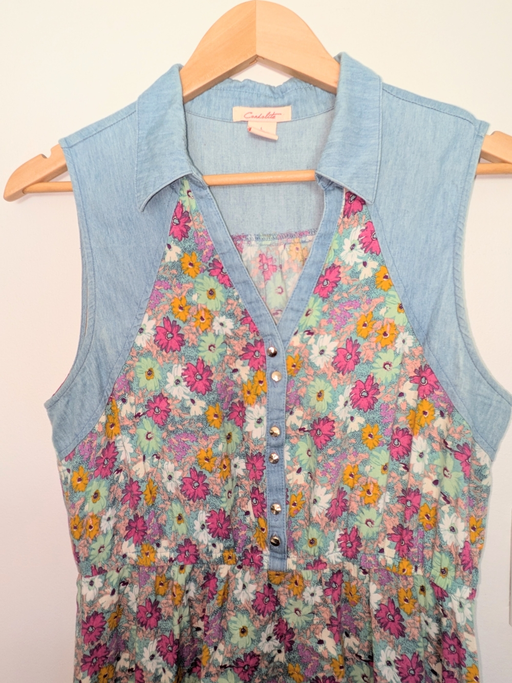 Catalina Floral Chambray-Trim Sleeveless Dress in Light Blue, Pink & Yellow - Picture 2 of 5